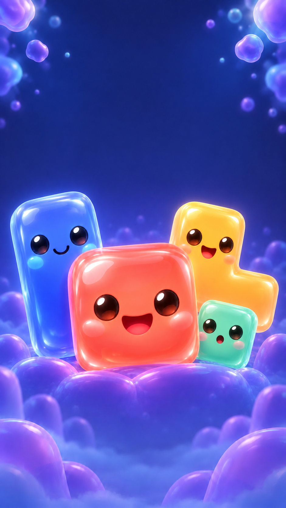 Smiling blue, coral, yellow and mint jelly friends nestled among purple bubbles